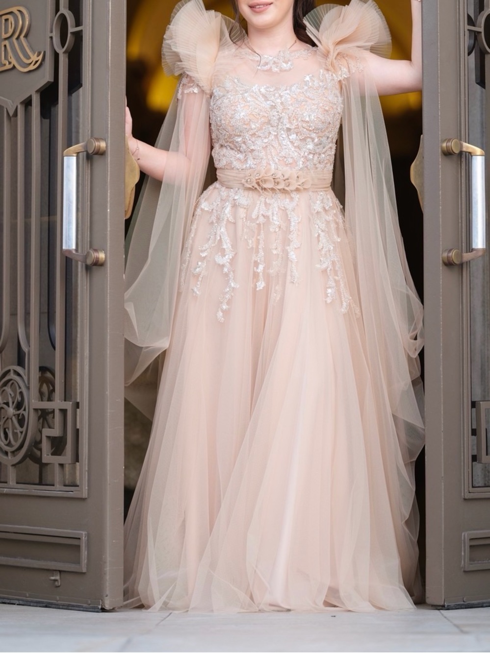 Romantic Blush Maxi Tulle Gown with Embroidered Bodice
